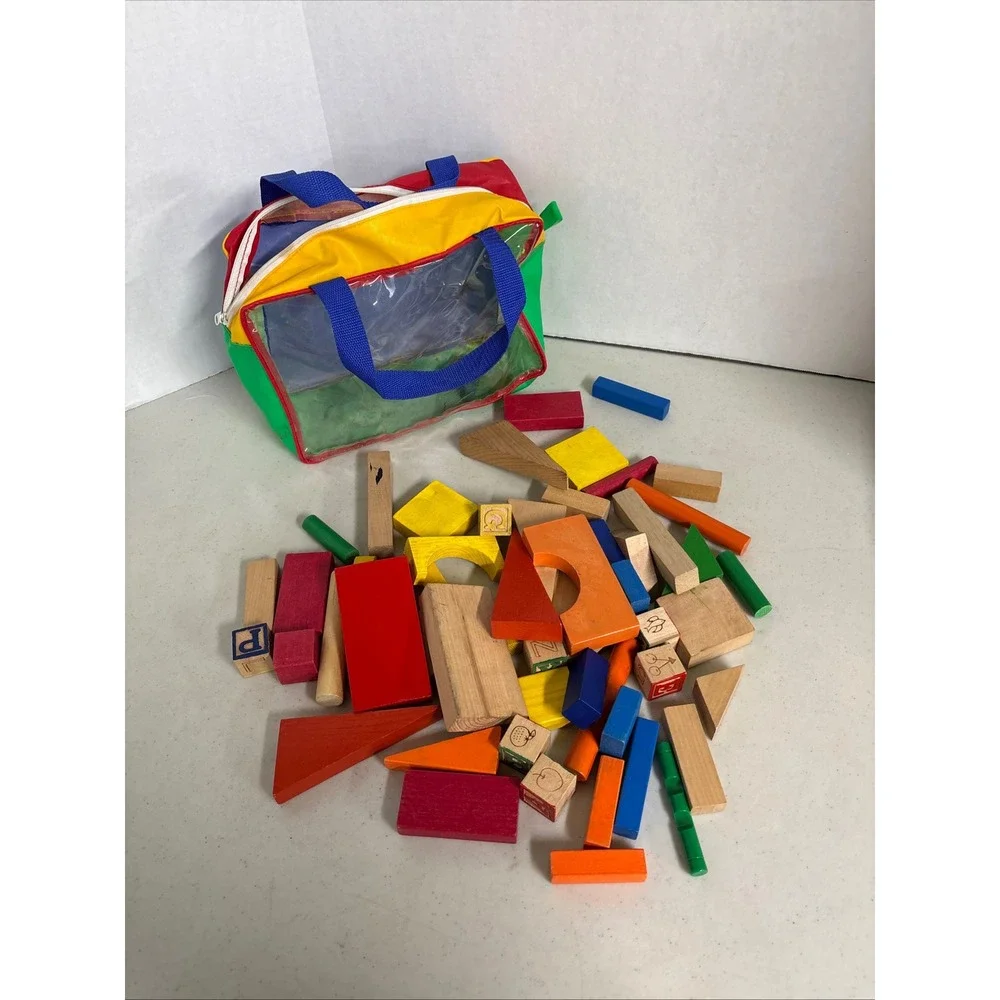 Vintage Style Wooden Building Blocks Assorted Shapes Alphabet Set with Carry Bag